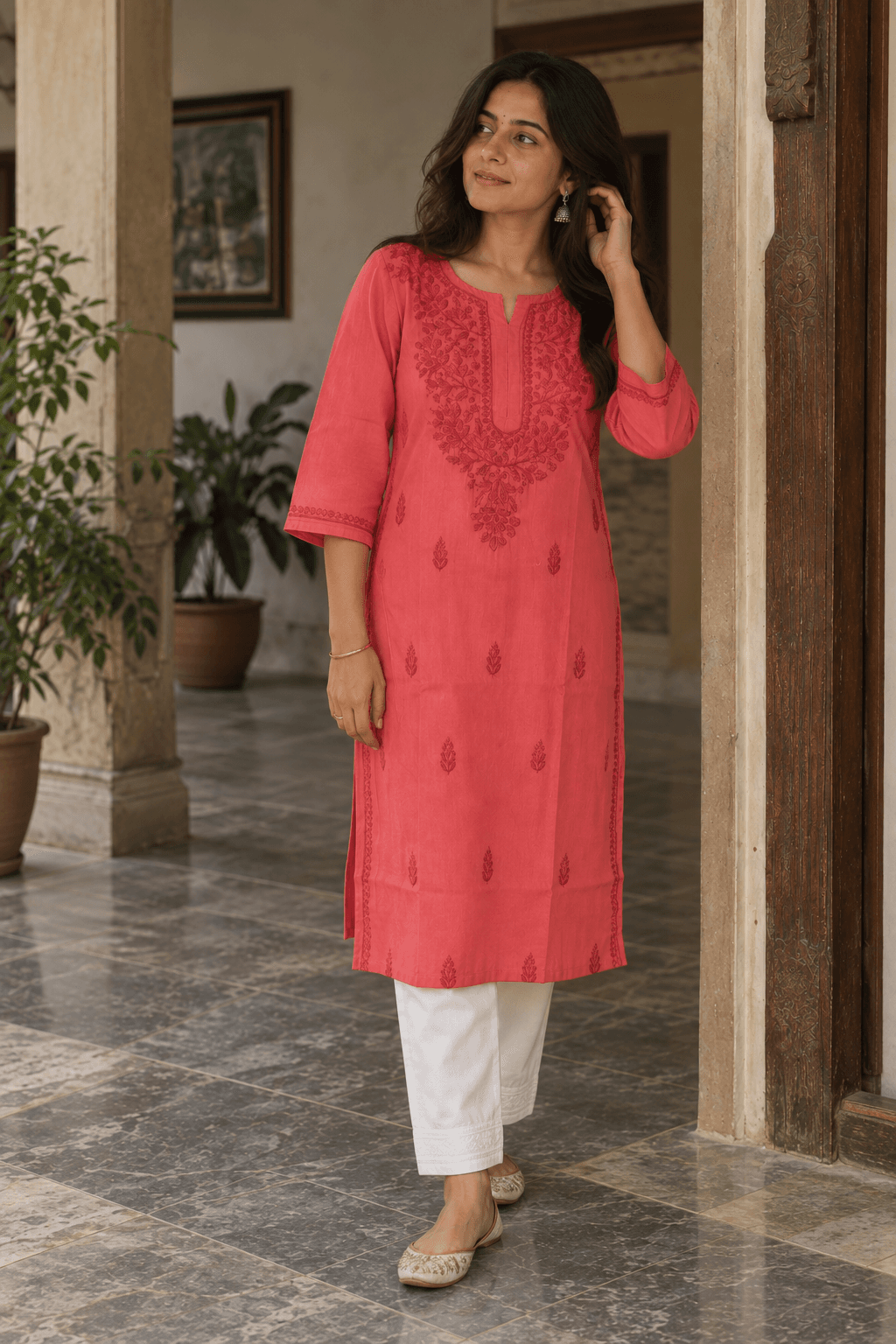 Coral Peach Blossom Long Cotton Kurti