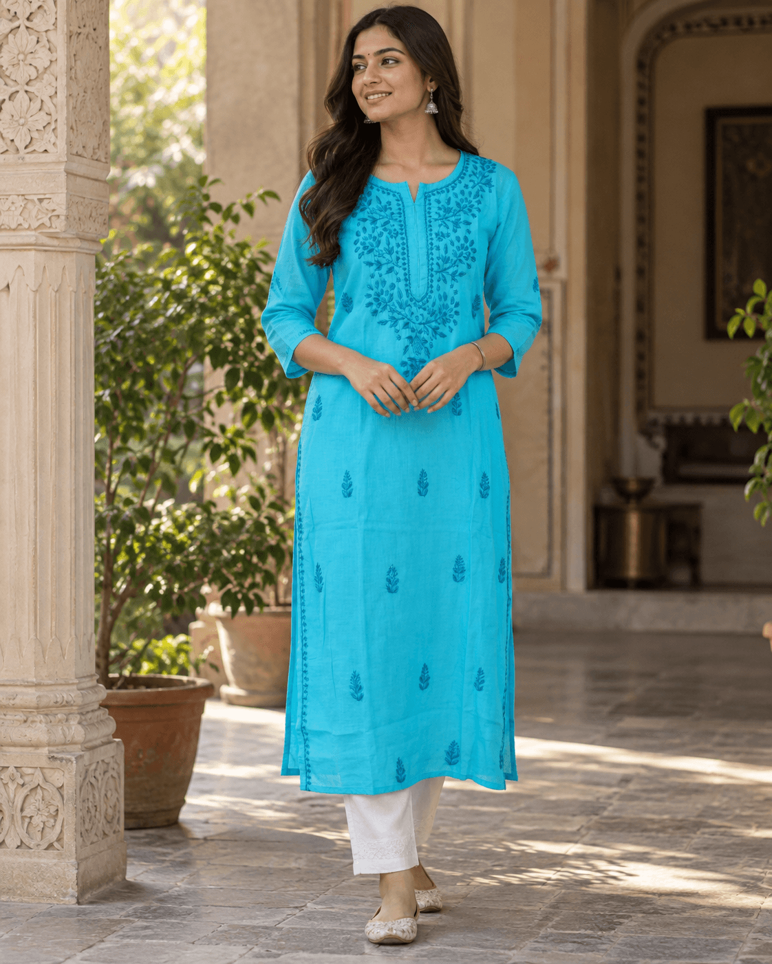Cyan Turquoise Embroidered Long Cotton Kurti