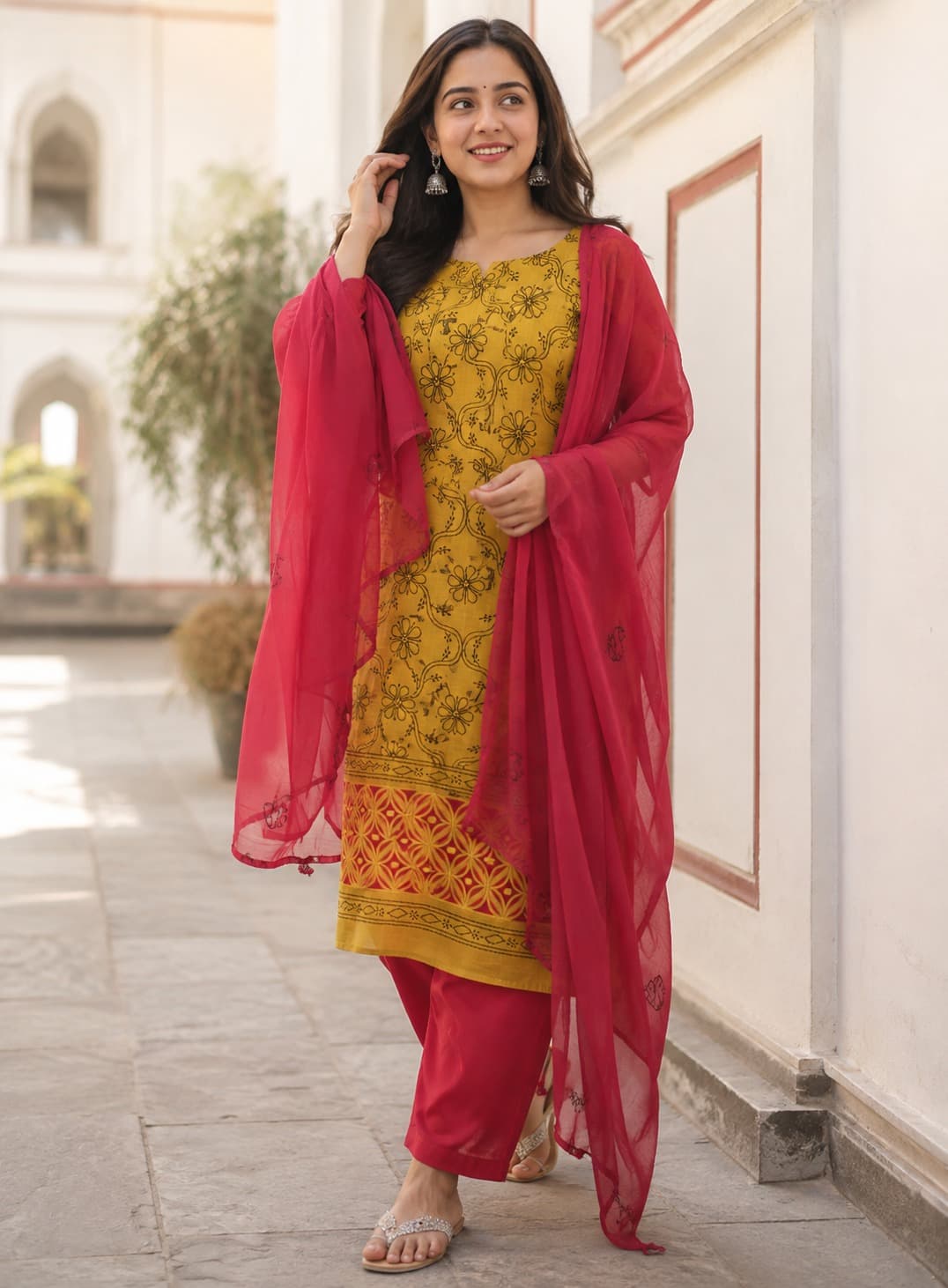 Mustard & Red 3-Piece Unstitched Suit Set