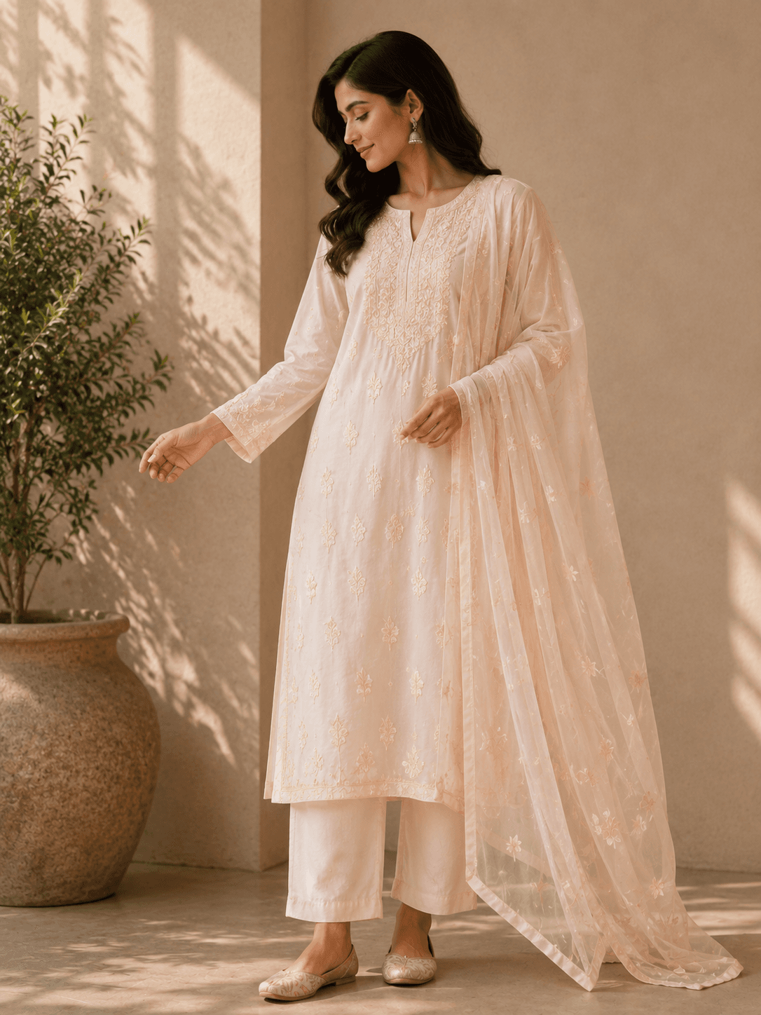 Ivory Cream Chikankari 3-Piece Unstitched Suit Set