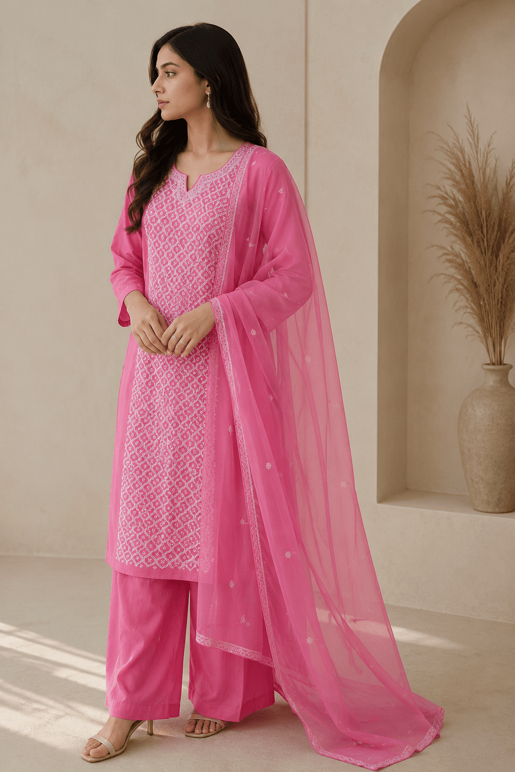 Rani Magenta Pink Chikankari 3-Piece Unstitched Suit Set