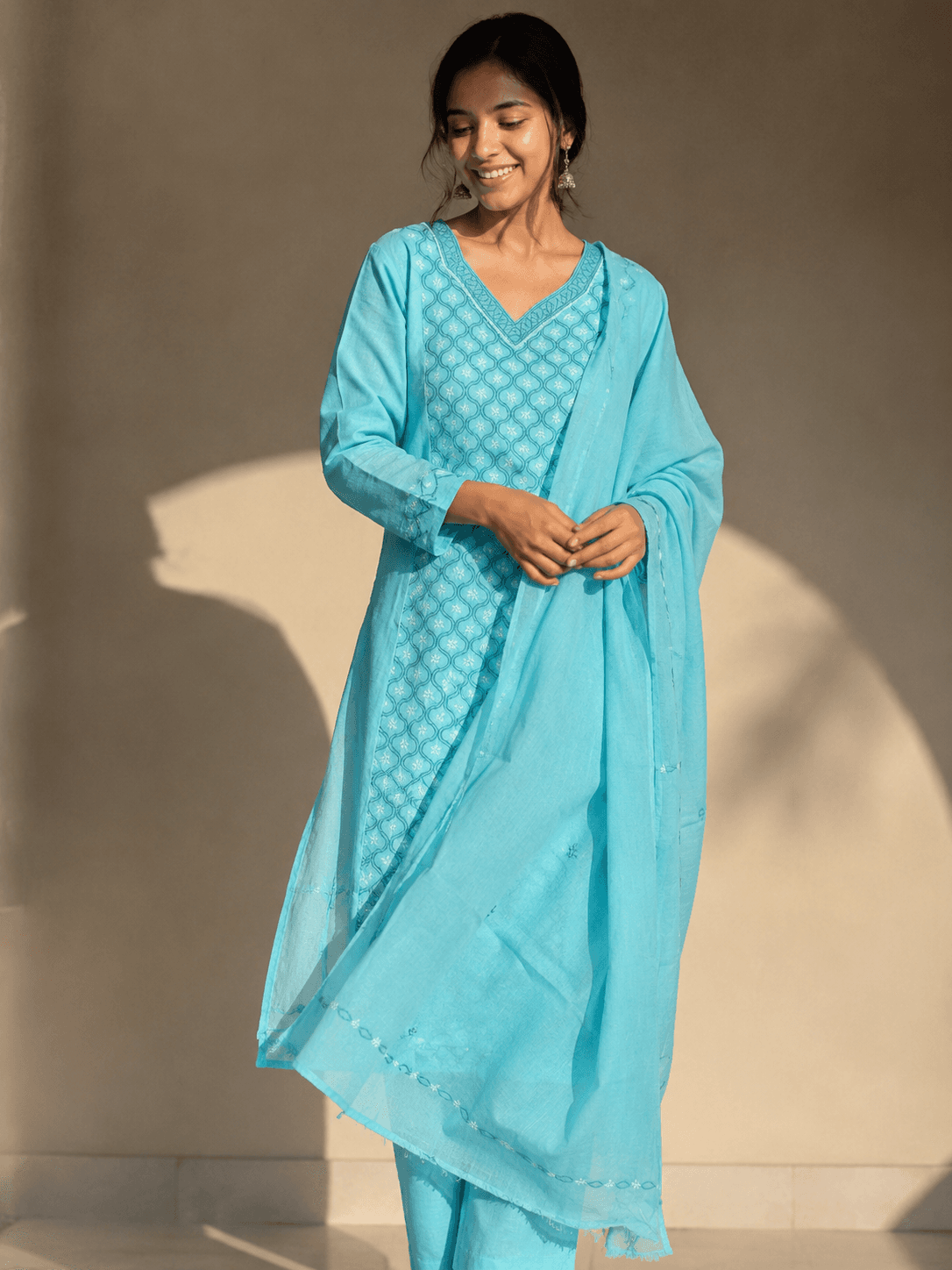 Sky Blue Chikankari 3-Piece Unstitched Suit Set