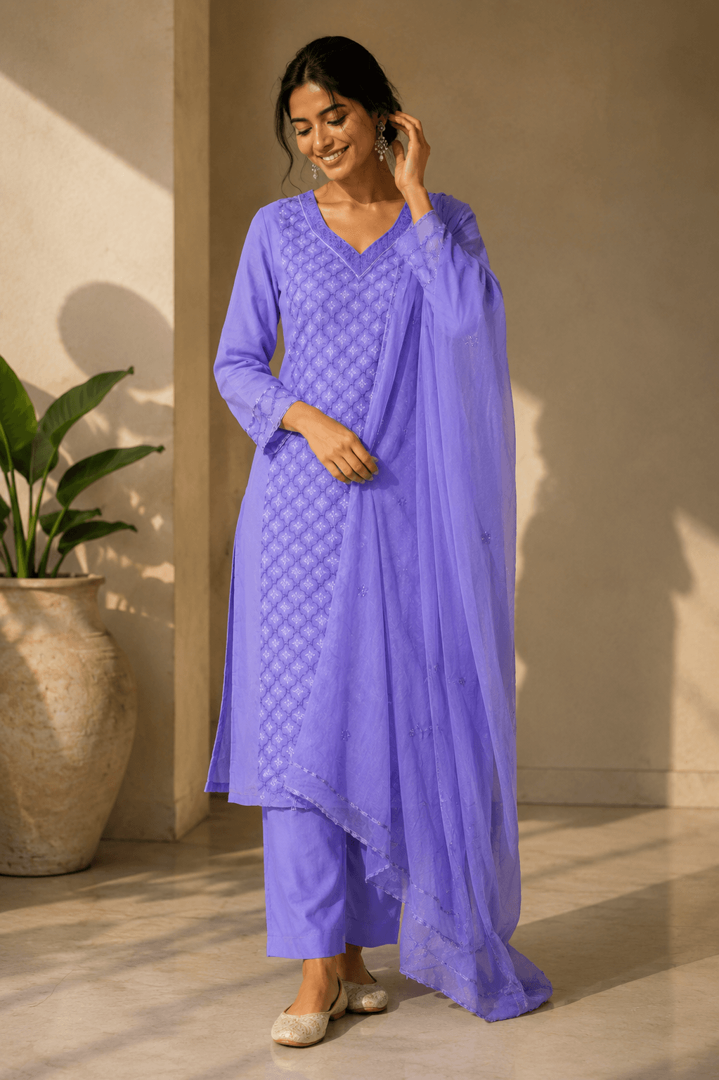 Royal Lavender Chikankari 3-Piece Unstitched Suit Set