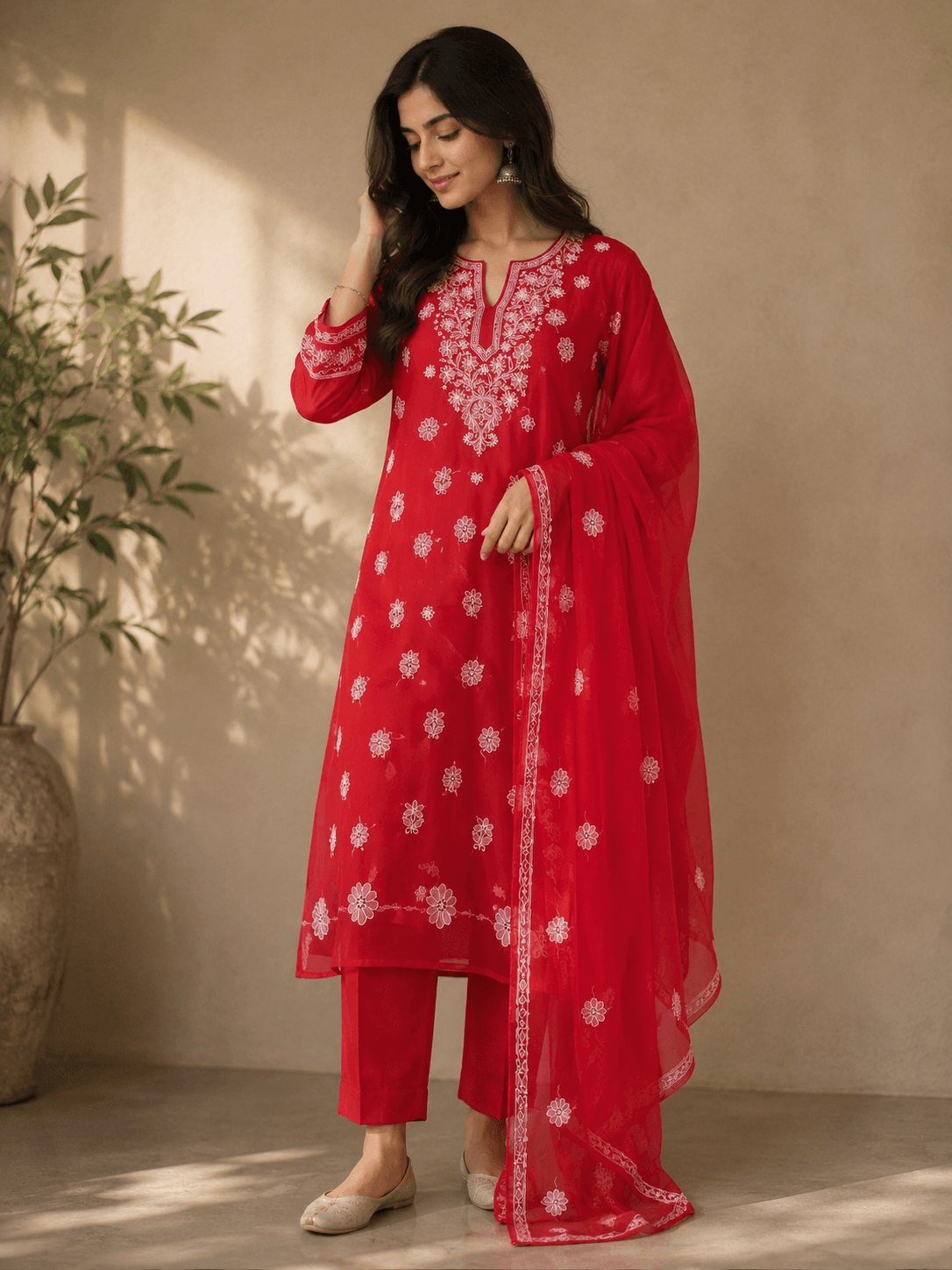 Scarlet Crimson Red Chikankari 3-Piece Unstitched Suit Set
