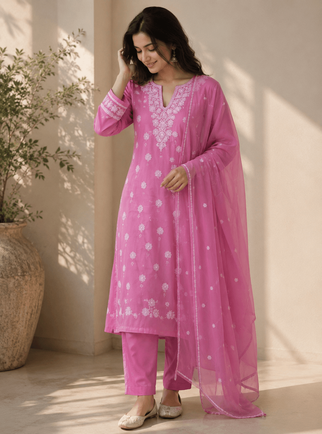 Mauve Orchid Pink Chikankari 3-Piece Unstitched Suit Set