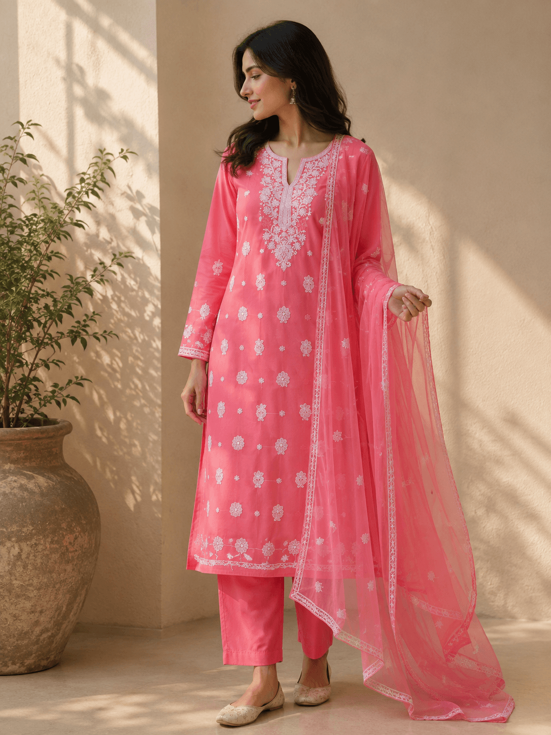 Blush Coral Pink Chikankari 3-Piece Unstitched Suit Set
