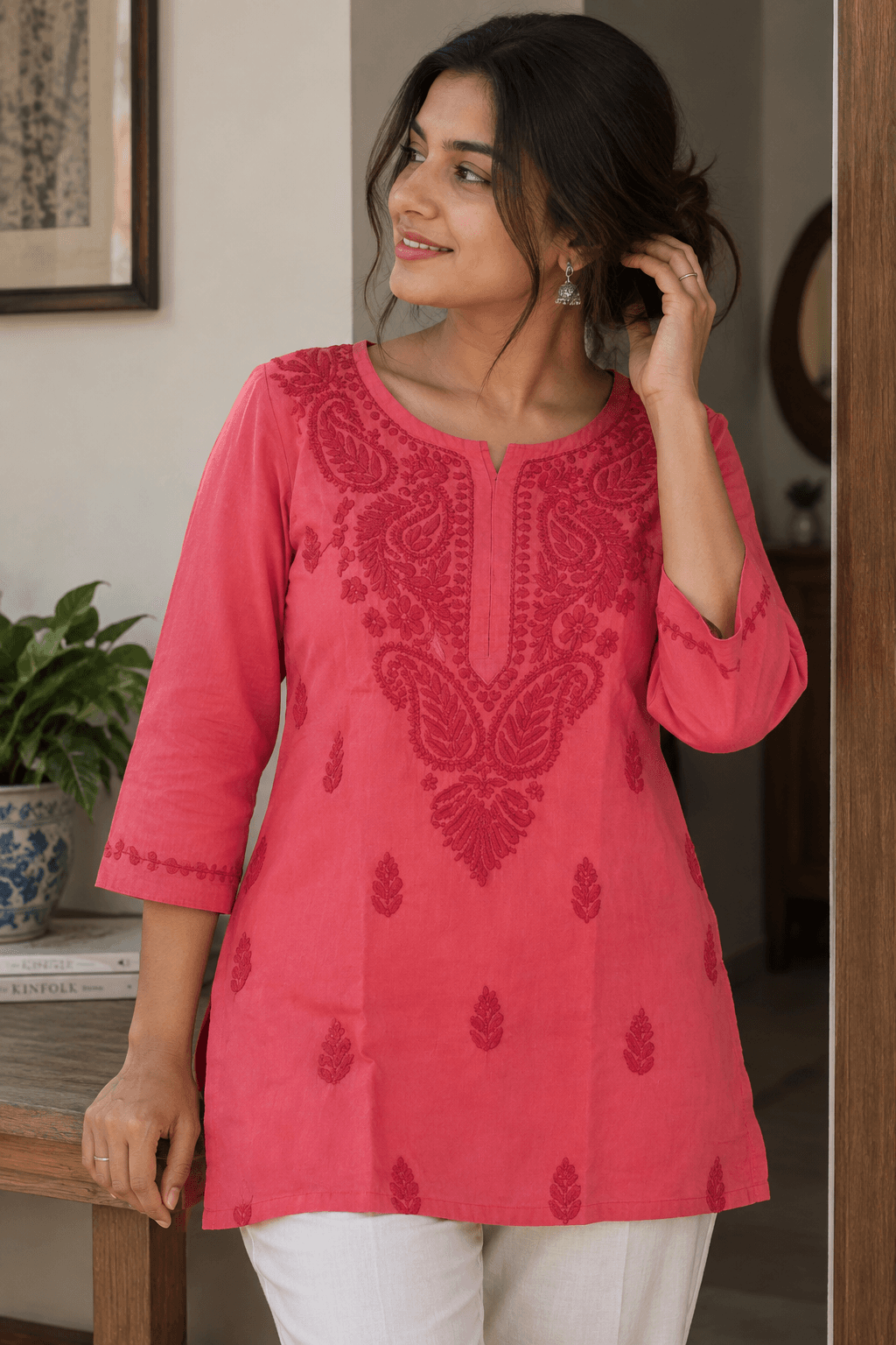 Coral Peach Blossom Short Cotton Kurti