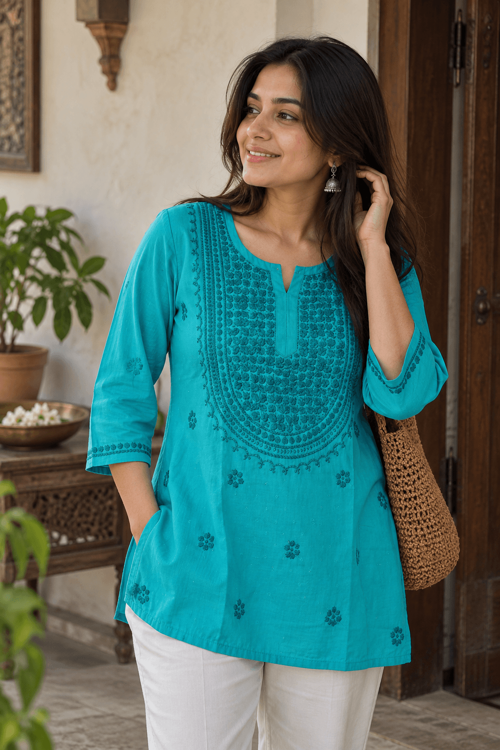 Ocean Cyan Tonal Embroidered Short Cotton Kurti