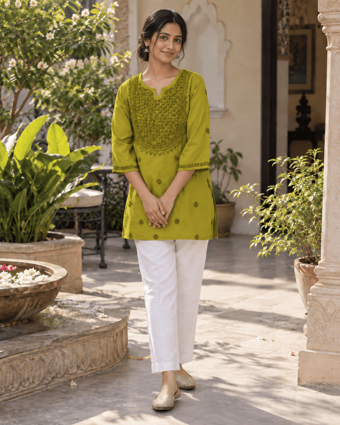 Earthy Olive Moss Embroidered Short Cotton Kurti