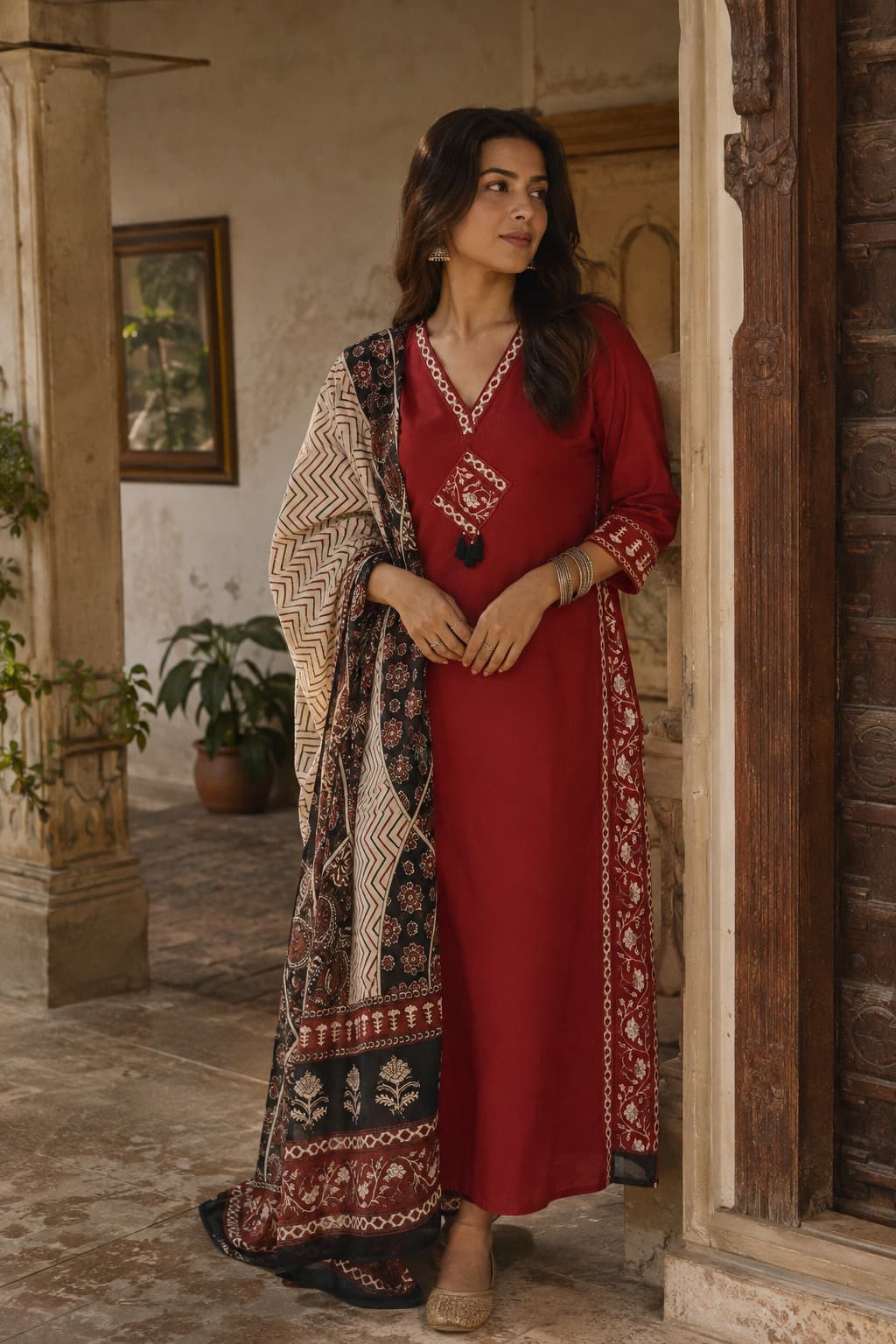 Crimson Maroon Stitched Suit Set