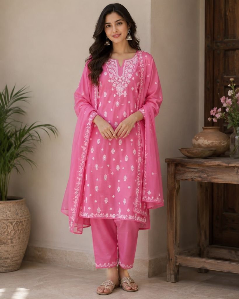 Gulabi Rose Chikankari 3-Piece Suit Set (Unstitched)